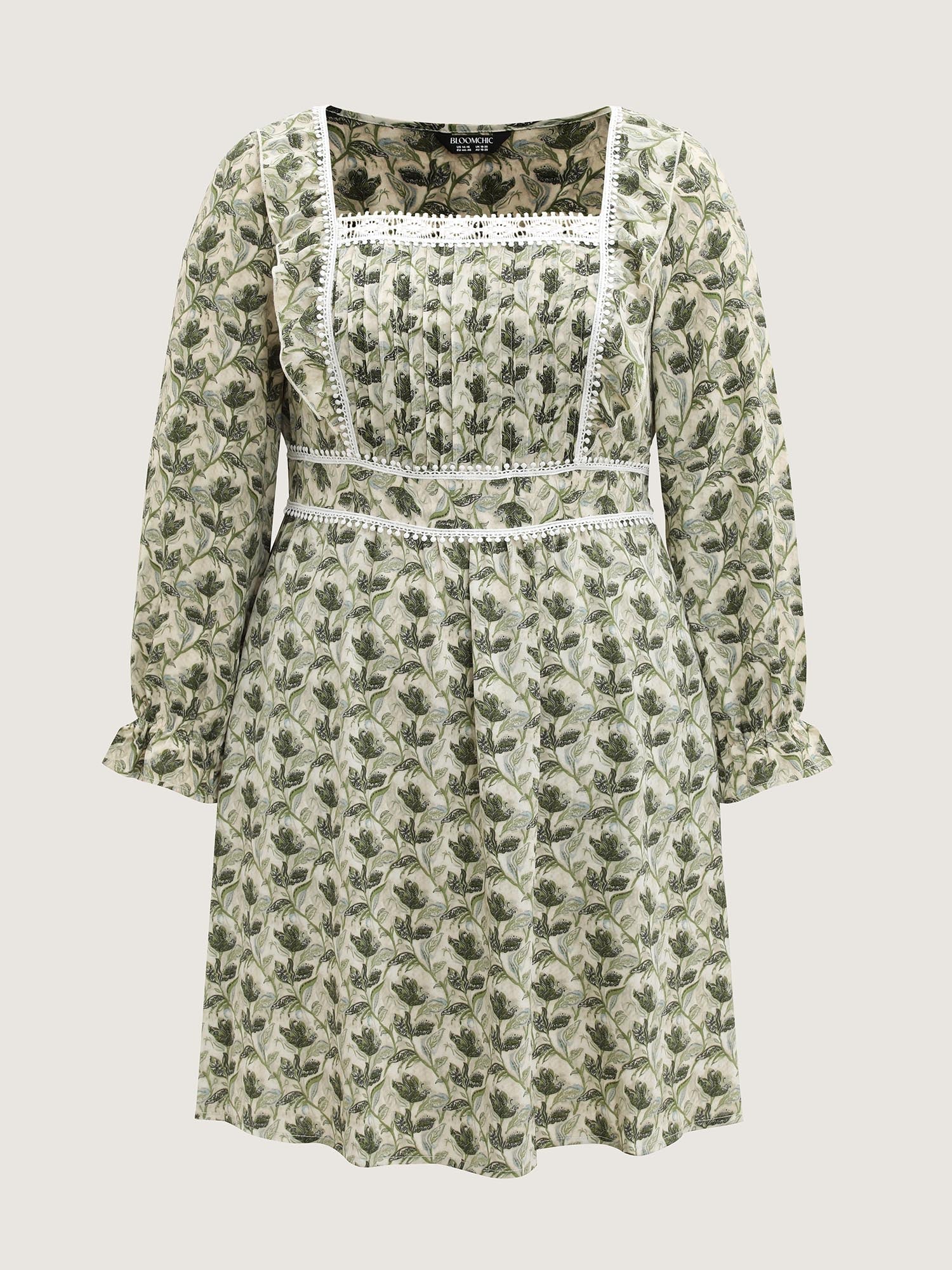 Fall Floral Print Lace Trim Midi Dress