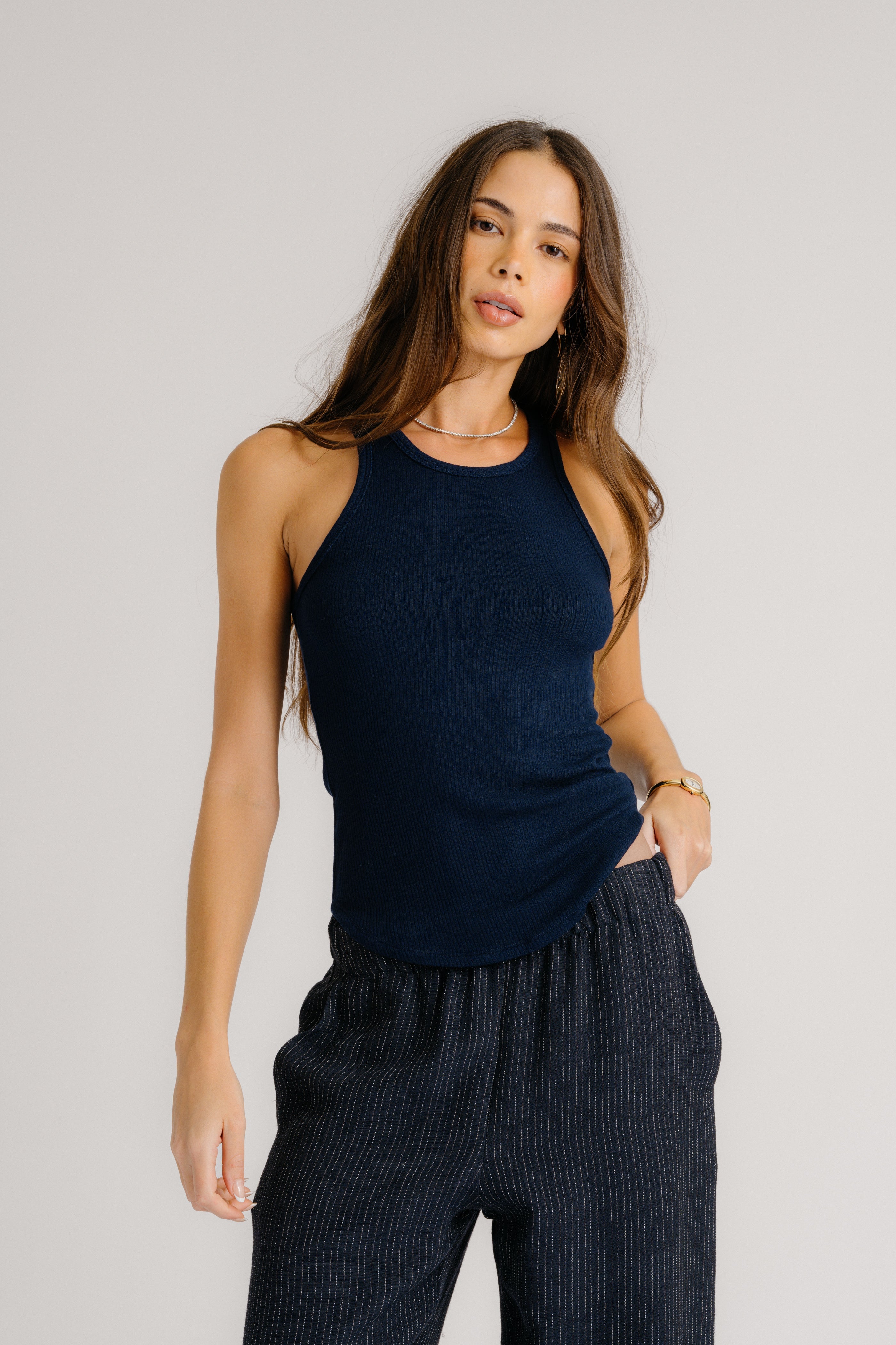 BRYNN PINSTRIPED HIGH RISE PULL ON WIDE LEG PANT | MIDNIGHT NAVY