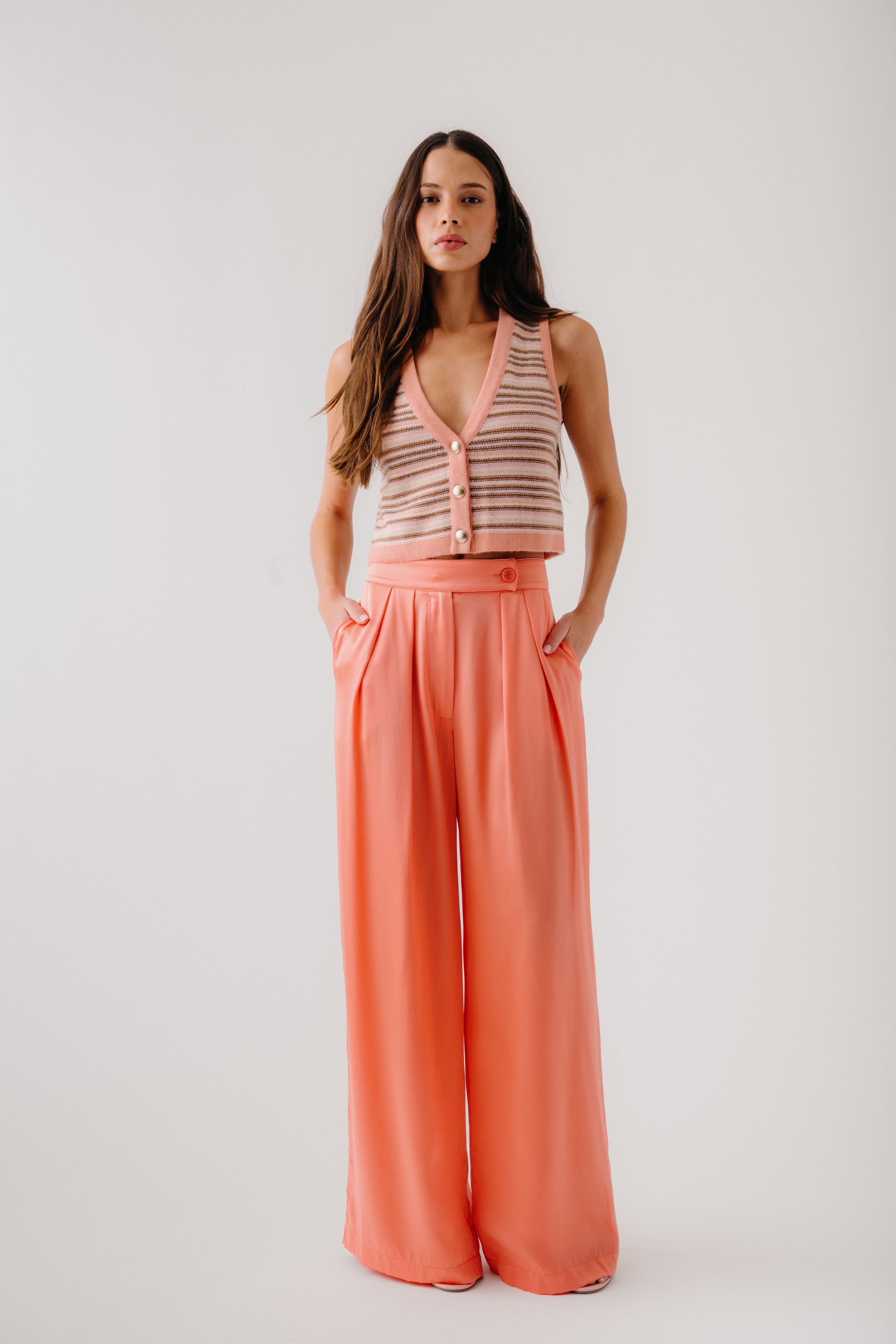 BROOKE HIGH RISE DOUBLE PLEAT SILK TROUSER | MELON