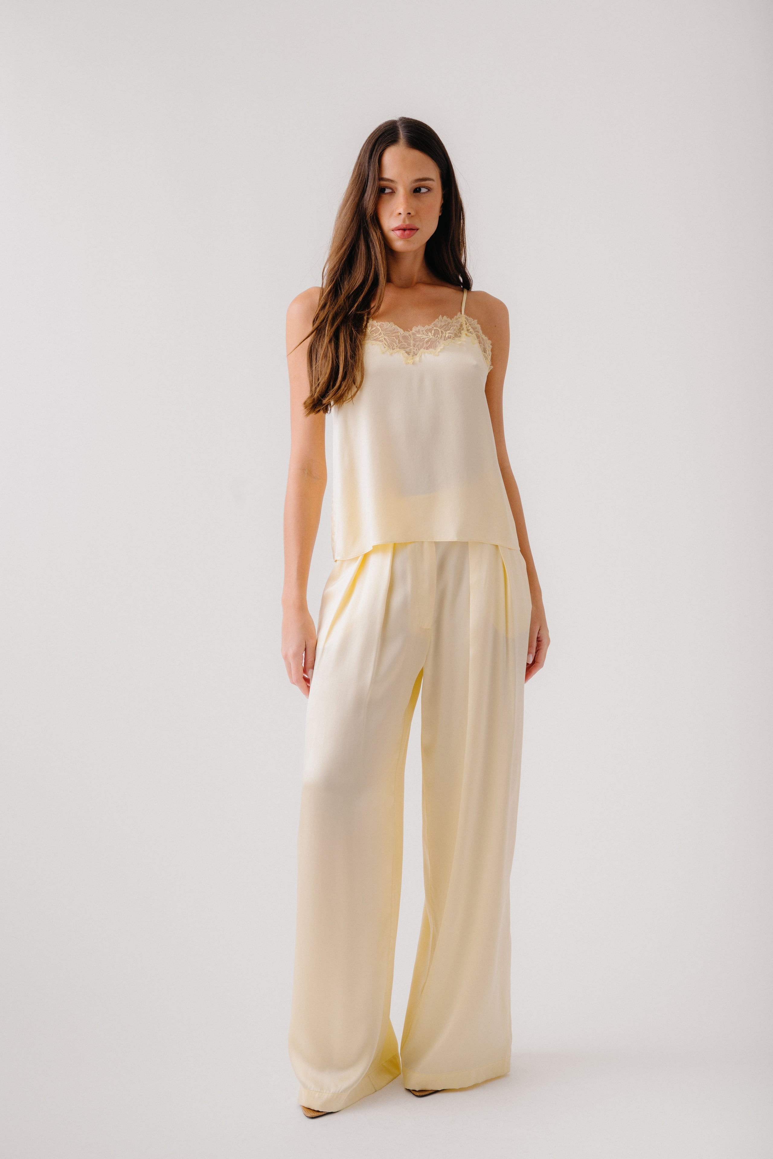 BROOKE HIGH RISE DOUBLE PLEAT SILK TROUSER | BUTTERCUP